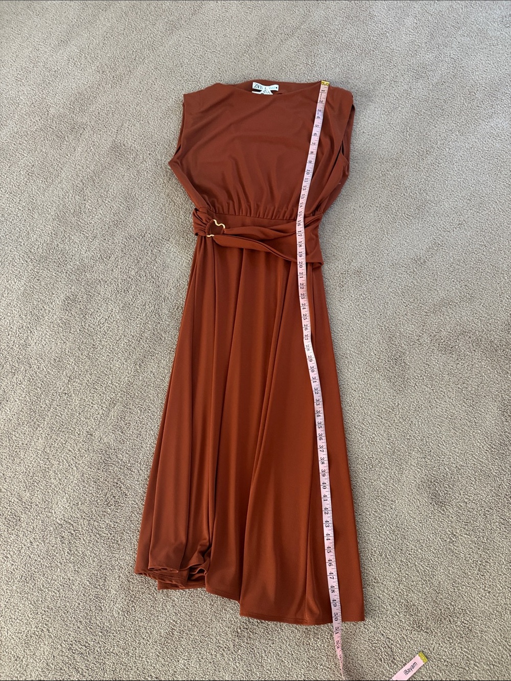 Zara Rust Red-Brown Tobacco Sleeveless Maxi Dress with Draped Waist Ring - Picture 6 of 14